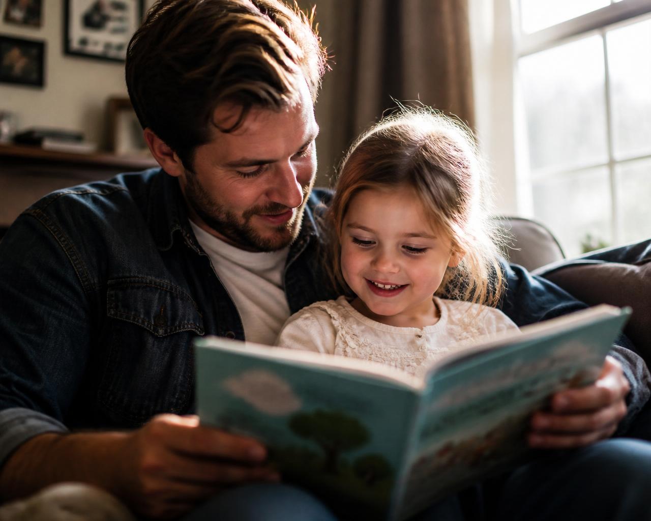 A parent and young child sharing a picture book in a warm, sunlit room